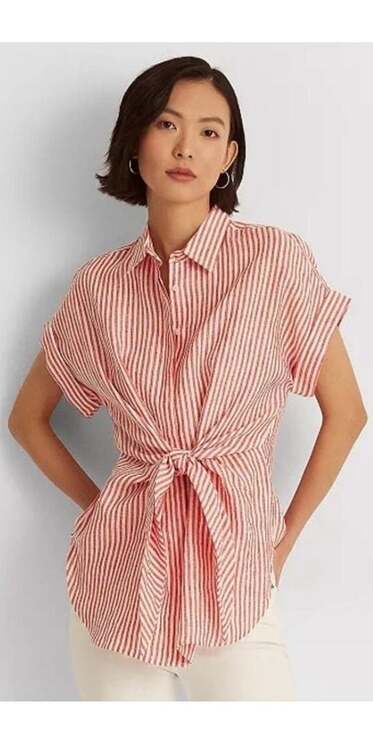 Lauren Ralph Lauren Tops - Lauren Ralph Lauren Red/White Striped Tie Front Linen Top Large Coastal Chic